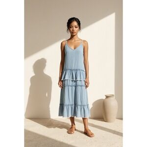 ONLY Light Blue Denim Tiered Midi Dress Frayed Hem Adjustable Straps Size 38
